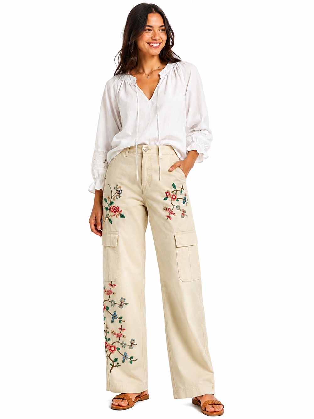 Sundance Embroidered Cargo Size 8 NWT‎ Tan Floral Cotton Wide Leg Utility Pants